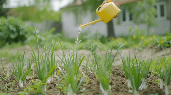 watering green onion plants